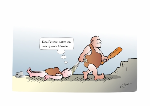 Cartoon: Friseurbesuch (medium) by Bernd Eisert tagged urzeit,mann,frau,überfall,haare,friseur,sparen,urzeit,mann,frau,überfall,haare,friseur,sparen