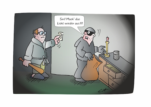 Cartoon: Hilfe von Siri (medium) by Bernd Eisert tagged einbrecher,besitzer,lichtschalter,knüppel,einbruch,einbrecher,besitzer,lichtschalter,knüppel,einbruch