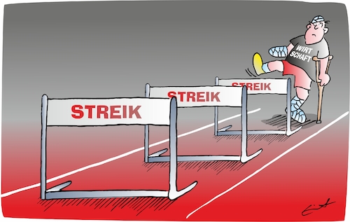 Cartoon: Hürdenlauf (medium) by Bernd Eisert tagged hürde,lauf,streik,schikane,verletzt,sportler,deutschland,wirtschaft,hürde,lauf,streik,schikane,verletzt,sportler,deutschland,wirtschaft