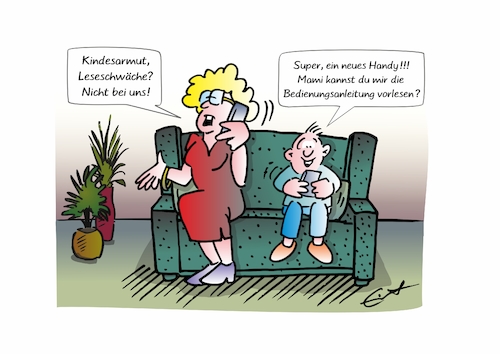 Cartoon: Kinderarmut (medium) by Bernd Eisert tagged kinderarmut,kinderwohl,leseschwäche,deutschland,digital,handy,kind,mutter,kinderarmut,kinderwohl,leseschwäche,deutschland,digital,handy,kind,mutter