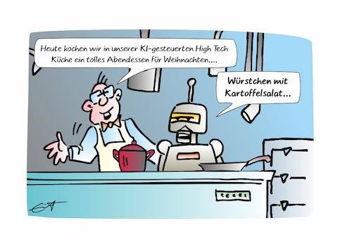 Cartoon: Kochen mit KI (medium) by Bernd Eisert tagged küche,ki,high,tech,koch,roboter,würstchen,kartoffelsalat,küche,ki,high,tech,koch,roboter,würstchen,kartoffelsalat
