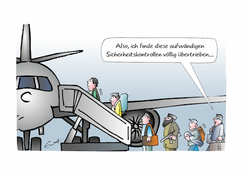 Cartoon: Sicherheitskontrolle (medium) by Bernd Eisert tagged flughafen,flug,verkehr,kontrolle,sicherheit,waffen,überwachung,flughafen,flug,verkehr,kontrolle,sicherheit,waffen,überwachung