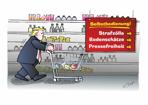 Cartoon: Trumps Selbstbedienung (medium) by Bernd Eisert tagged trump,einkaufswagen,selbstbedienung,strafzölle,bodenschätze,pressefreiheit,einkauf,trump,einkaufswagen,selbstbedienung,strafzölle,bodenschätze,pressefreiheit,einkauf
