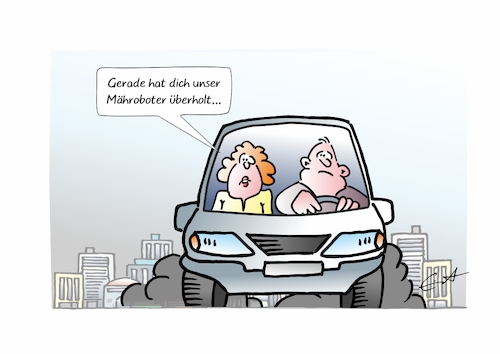 Cartoon: Verflixte Technik! (medium) by Bernd Eisert tagged auto,paar,mähroboter,verkehr,überholen,auto,paar,mähroboter,verkehr,überholen
