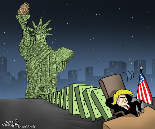 Cartoon: Trump (medium) by Sherif Arafa tagged trump,trump,liberty,statue,domino,flag,us,usa,president,potus,donald,freedom,democracy,fascism