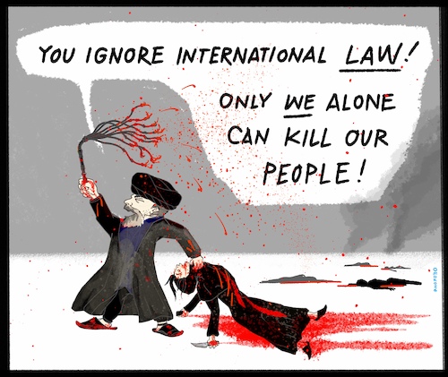 Cartoon: Kill in Peace (medium) by omoko tagged war,iran,regime,change,mullah,flogging,women,woman,life,freedom,democracy,uprise,selfsacrifice,harakiri,suicide,killers,mojtaba,new,hardliner,revolutionary,guards,sharia,genosuicide,hope,standup,nevergiveup,blood,bloodshed,omoko