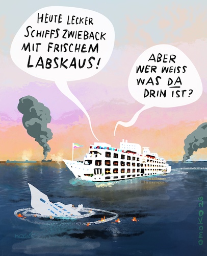 Cartoon: LABSKAUS (medium) by omoko tagged labskaus,schiffzwieback,essen,auf,see,notration,gute,küche,kombüse,chefkoch,smutje,hering,matjes,rote,beete,brei,kochen,straße,von,hormus,hormuz,golf,persien,schiffe,festsitzen,ankern,seenot,rettung,über,bord,gehen,krieg,bomben,torpedos,raketen,drohnen,wolke,rauch,omoko