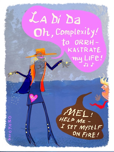 Cartoon: Oh the Complexities of Life (medium) by omoko tagged melania,trump,barbie,doll,donald,mr,president,first,lady,complexity,philosophy,life,fire,war,crisis,help,idiotism,greed,orchester,orchestrate,extinguish,politics,stop,peace,omoko