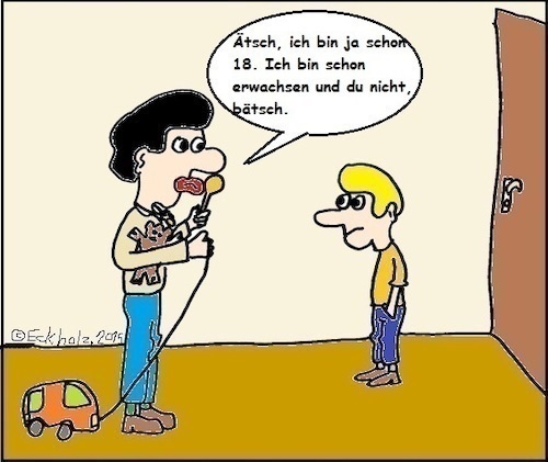 Cartoon: Erwachsen... (medium) by Kritzelspacko78 tagged erwachsen,jungen,volljährigkeit,geburtstag,mündigkeit,familie,brüder,gesellschaft,spielzeugauto,lolli,teddybär