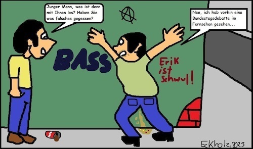 Cartoon: Übelkeit... (medium) by Kritzelspacko78 tagged hampelmanntheater,übelkeit,brechreiz,kotzen,erbrechen,männer,gesellschaft,tv,rundfunk,bundestagsrede,bundesregierung