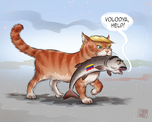 Cartoon: Big Catch (medium) by Cyberwolf tagged trump,maduro,venezuela,crisis,dictator,putin,war,criminal,cat,fish,metaphor