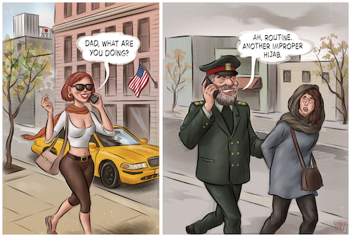 Cartoon: Double Standards (medium) by Cyberwolf tagged dictatorship,hypocrisy,double,standards,hijab,morality,police,iran,middle,east,human,rights,inequality