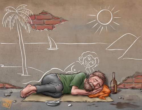 Cartoon: Happy Man (medium) by Cyberwolf tagged social,issues,dream,and,reality,street,life,homeless,sleeping,barefoot