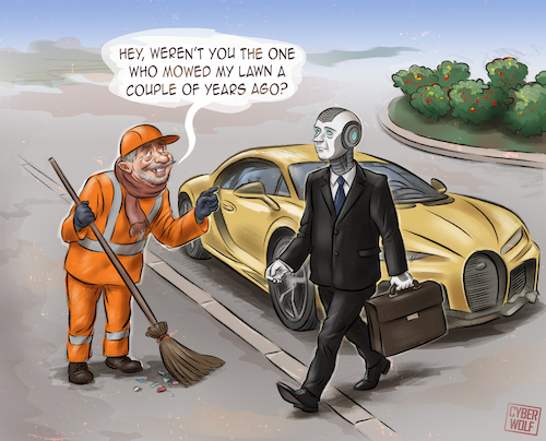 Cartoon: Old Acquaintance (medium) by Cyberwolf tagged artificial,intelligence,ai,robot,android,future,technology,street,sweeper,artificial,intelligence,ai,robot,android,future,technology,street,sweeper