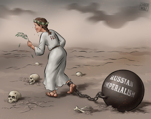 Cartoon: Peace in Chains (medium) by Cyberwolf tagged peace,war,russia,ukraine,russian,imperialism,invasion,agression,expansion,victims,pax,skulls