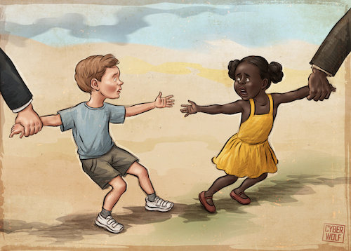 Cartoon: Pulled Apart (medium) by Cyberwolf tagged racism,discrimination,tolerance,human,rights,social,issue,children,innocence,segregation,childhood