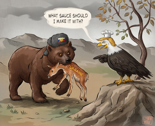 Cartoon: The Helpful Chef (medium) by Cyberwolf tagged putin,war,criminal,russia,agression,bear,bald,eagle,trump,ukraine,conflict,political,satire,zelensky