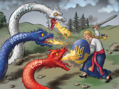 Cartoon: Three Against One (medium) by Cyberwolf tagged war,ukraine,russia,putin,criminal,dragons