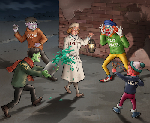 Cartoon: Truth Under Attack (medium) by Cyberwolf tagged fake,news,trolls,haters,gossip,clickbait,lies,truth