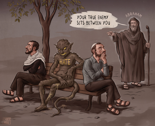 Cartoon: Your True Enemy Sits Between You (medium) by Cyberwolf tagged israel,palestine,conflict,hate,peace,abraham,humanity,middle,east,war,coexistence