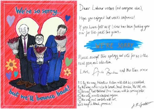 Cartoon: Grettoon 019 (medium) by Grettoonist tagged politics,uk,labour,party,conference,andy,burnham,healey,miliband,sorry,apology,card,satire,palestine,action,national,care,service,israel,arms,weapons,electoral,reform