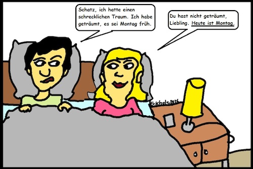 Cartoon: Albtraum... (medium) by Pummel tagged albtraum,traum,mann,frau,ehe,morgen,gesellschaft,ernüchterung,schreck,montag