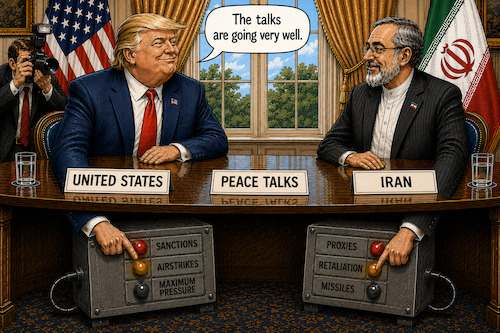Cartoon: Good Talks (medium) by fkiwy tagged trump,iran,peace,talks,middle,east