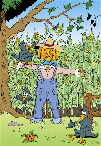 Cartoon: Scarecrow (medium) by VoBo tagged scare,crow,farm,farmer,farming,agricultur,birds,field,corn,vogel,vogelscheuche,bauer,mais,krähe,pumpkin,kürbis,illustration,vogelscheuche,tier,tiere,vögel,vogel,landwirtschaft,mais,felder,feld,maisfeld