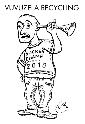 Cartoon: vuvuzela recycling (medium) by VoBo tagged vuvuzela,recycling,soccer,world,cup,wm,fussball,noise,horn,hearing,aid,ohr,gehör,vuvuzela,recycling,wm,fußball,hörgerät,lärm,weltmeisterschaft