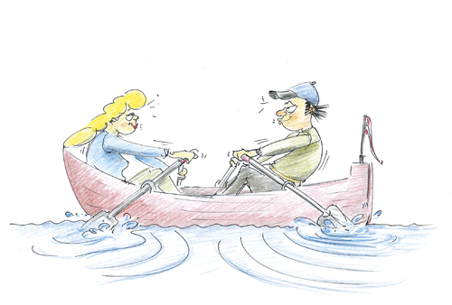 Cartoon: Wir sitzen in einem Boot (medium) by kugelmeier tagged schluß,verlieben,cartoon,karikatur,beziehung,liebe