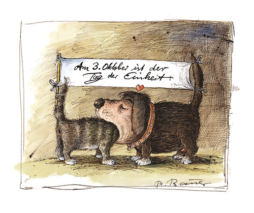 Cartoon: Am 3 Okt ist der Tag der Einheit (medium) by Peter Bauer tagged hund,katze,tag,der,einheit,vereinigung