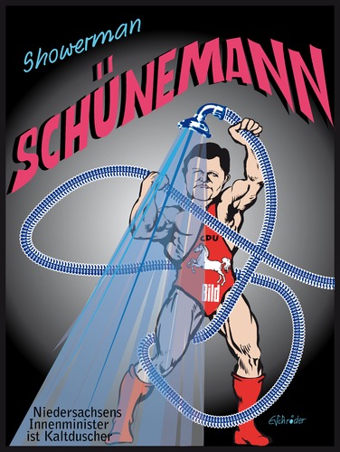 Cartoon: showerman Schünemann (medium) by ESchröder tagged niedersachsen,cdu,innenminister,innepolitik,schüneman,warmduscher,kaltduscher,dusche,shower,harter,hund,innenministerkonferenz,abschiebung,abhörung,asylbewerber,abschieber,hardliner