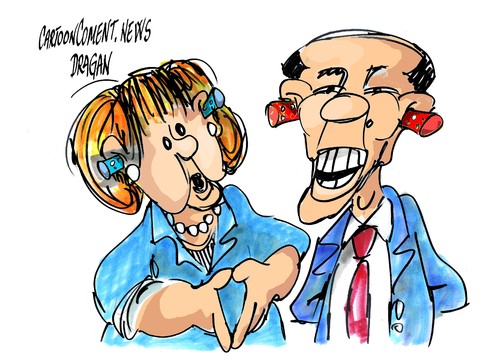 Cartoon: Angela-Obama-sordera (medium) by Dragan tagged angela,merkel,barack,obama,alemania,eeuu,politics,cartoon