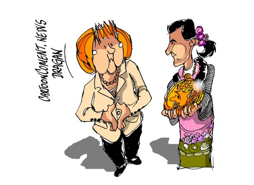 Cartoon: Angela Merkel-Aung San Suu Kyi (medium) by Dragan tagged angela,merkel,aung,san,suu,kyi,alemania,birmania,myanmar,politics,cartoon