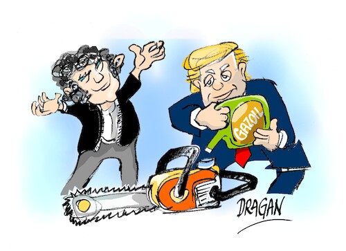 Javier Milei-Donald Trump (medium) Cartoon: Javier Milei-Donald Trump (medium) by Dragan tagged javier,milei,argentina,sad,donald,trump