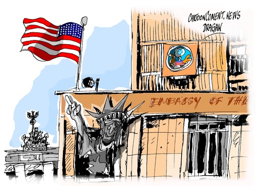 Cartoon: La embajada de EEUU en Berlin (medium) by Dragan tagged la,embajada,de,eeuu,en,berlin,estados,unidos,alemania,escuchas,servicios,inteligencia,espionaje,politics,cartoon