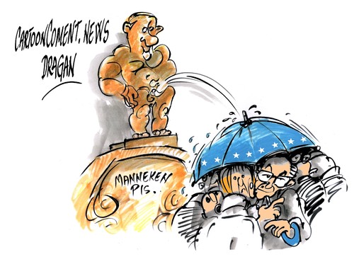 Cartoon: Vladimir Putin-Manneken Pis (medium) by Dragan tagged cartoon,politics,rusia,pis,manneken,putin,vladimir,rompuy,van,europea,union,bruselas