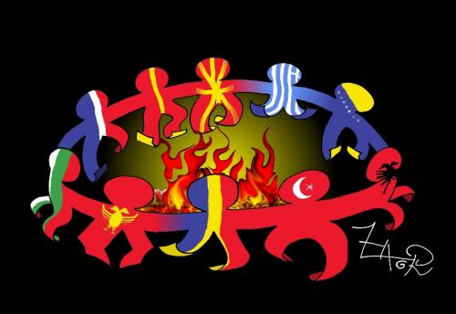 Cartoon: dancing around an open fire (medium) by johnxag tagged nationalism,balkans,fire,dancing