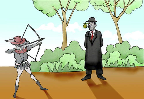 Cartoon: Rene Magritte vs Wilhelm Tell.. (medium) by berk-olgun tagged rene,magritte