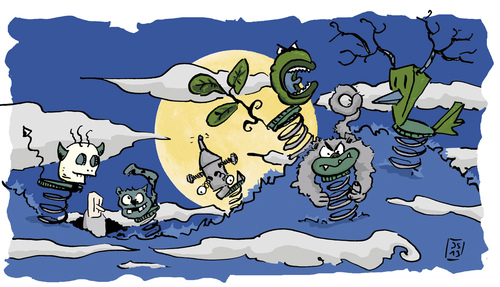 Cartoon: Spielplatzmonster (medium) by jen-sch tagged spielplatz,monster,nachts,mond,schaukelpferd,wippe,schaukeln,wippen,unheimlich,angst,furcht