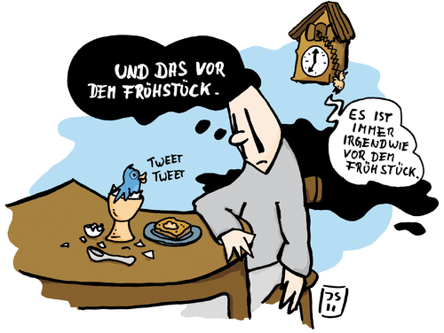 Cartoon: Tweet vor dem Frühstück (medium) by jen-sch tagged twitter,tweet,küken,eierbecher,ei,kuckucksuhr,internet,online,computer,vogel,trübsinn,frühstück