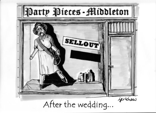 Cartoon: After the wedding (medium) by jerichow tagged hochzeit,partypieces,sextoys,sellout,royals,william,kate,satire,qe2,queen,middleton,wedding,royal wedding,queen,kate,william,hochzeit,handel,verkauf,royal,wedding