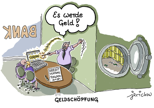 Cartoon: Geldschöpfung (medium) by jerichow tagged petrodollar,buchgeld,zinseszins,zins,schuldensystem,leitwährung,zentralbank,ezb,banken,fed,giralgeldschöpfung,dirk,müller,schuldensystem,zins,zinseszins,buchgeld,petrodollar,leitwährung,zentralbank,ezb,banken,fed,giralgeldschöpfung,dirk,müller