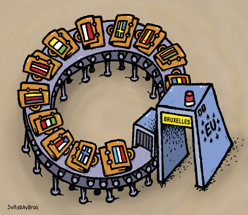 Cartoon: EU national budget control (medium) by svitalsky tagged eu,european,union,budget,money,finance,national,control,policy,politic,bankroll,coin,check,verification,estimate,costing,etat,geld,bruxelles,brussel,crisis,krise,krisis,krisen,cartoon,svitalsky,svitalskybros,eu