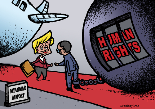 Cartoon: Hillary Clinton in Burma (medium) by svitalsky tagged hillary,clinton,burma,us,usa,human,rights,myanmar,obama,cartoon,illustration,menschenrecht,travel,politic,svitalsky,svitalskybros,außenminister,hillary,clinton,burma,us,usa,menschenrechte