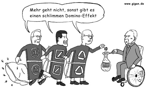 Cartoon: Banken-Domino (medium) by TDT tagged schäuble,umschuldung,dieckmann,blessing,ackermann,allianz,commerzbank,bank,deutsche,banken,krise,schulden,griechenland