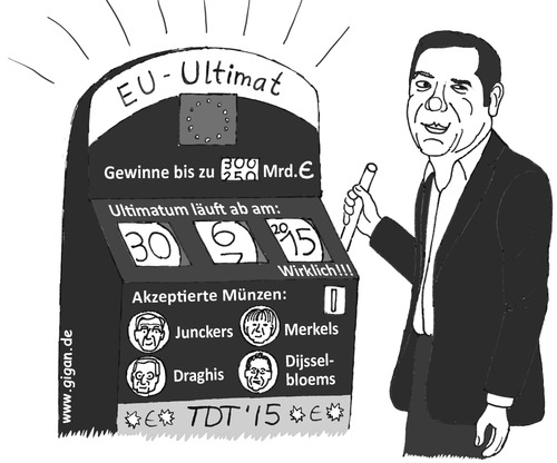 Cartoon: EU-Ultimat (medium) by TDT tagged euro,ezb,esm,dijsselbloem,draghi,juncker,merkel,bandit,einarmiger,spiel,ultimatum,grexit,tsipras,schuldenkrise,griechenland