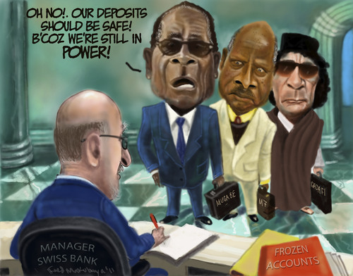 Cartoon: The Three African Musketeers! (medium) by Fred Makubuya tagged yoweri,museveni,robert,mugabe,muamar,gadaffi,swiss,bank