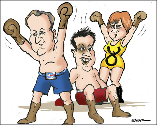 Cartoon: British election (medium) by jeander tagged britain,election,milliban,sturgeon,cameron,cameron,sturgeon,milliban,election,britain