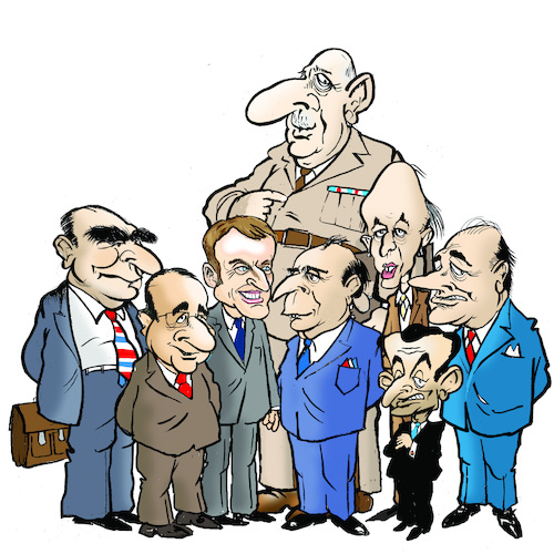 Cartoon: French presidents (medium) by jeander tagged presidents,france,mitterand,hollande,de,gaulle,macron,estaing,zarkosy,chirac,presidents,france